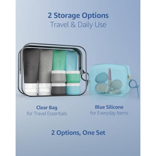 23-Piece All-in-One Silicone Travel Bottles Set ? TSA Approved Leakproof Toiletry Kit with Double Bags, Flat Easy-Squeeze Bottles with Tactile Icons, Cream Jars, Pump & Spray, Cleaning Brush