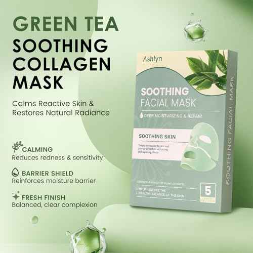 Ashlyn Green Tea Soothing Collagen Face Mask - Overnight Hydrating Sheet Mask with Hyaluronic Acid & Collagen for Sensitive Skin, Deep Moisture Calming Relief for Glass Skin, 35g, 5ea