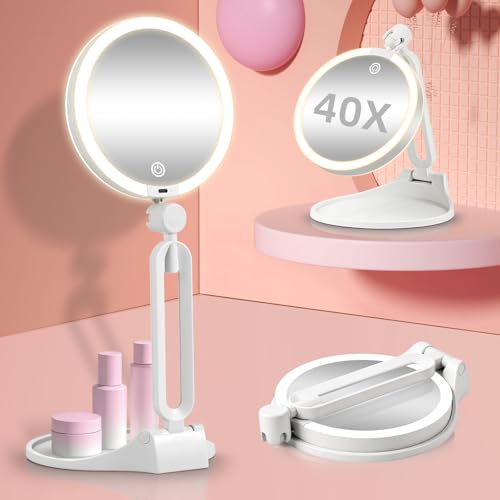 Suupvaor Travel Magnifying Makeup Mirror with Lights, Dual 1X/40X, Foldable, White - 40x Variant