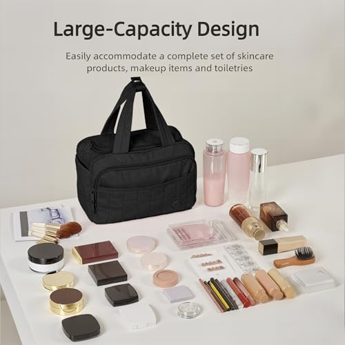 aji Travel Toiletry Bag for Women, Lightweight Large Wide-open Makeup Bag with Luggage Trolley Strap, Water-resistant Multiple Pockets for Accessories,Essentials, Toiletries, Mousse Black