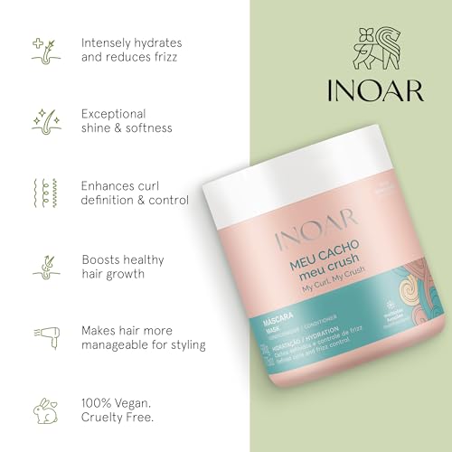Inoar Meu Cacho Meu Crush Hair Mask with Plant-Based Collagen & Vitamin E for Deep Hydration & Curl Definition, 17.6 oz