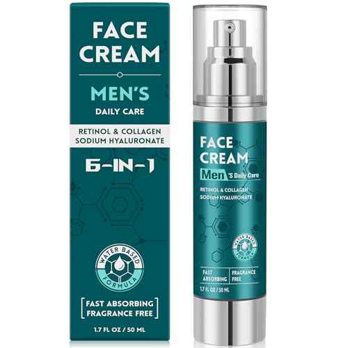 6-in-1 Face Cream for Men: Hydrating Water Based Men Face Moisturizer with Retinol, Collagen, Sodium Hyaluronate - Mens Anti Aging Face Cream for Day and Night Use