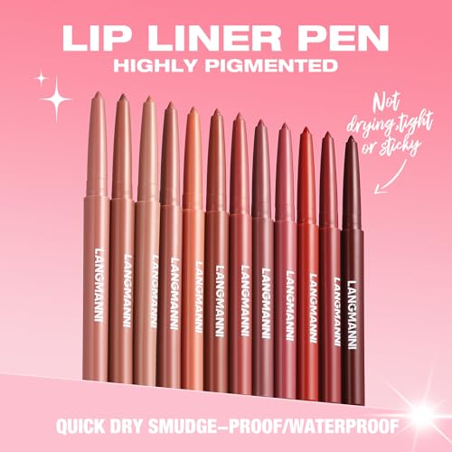 LANGMANNI 12 Color Waterproof Matte Lip Liner Set - Creamy, Highly Pigmented, Long-Lasting