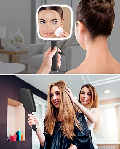 Hand Mirror with 3 Light Color & Dimmable, 6.2'' X 5.9'' Lighted Handheld Mirror, Lightweight & Durable, Portable & Hangable for Makeup Application, Hair Styling, Shaving or Travel, Battery Operated