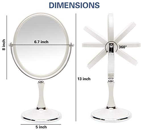 YEAKE White & Silver 8-Inch Double Sided Swiveling Table Mirror with 1X/3X Magnification, 13-Inch Stand Vanity Mirror