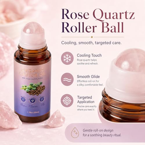 Organic Cold Pressed Castor Oil with Rose Quartz Roller for Brows & Lashes