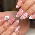 Medium Almond Press On Nails Pink 3D Flower Pearl