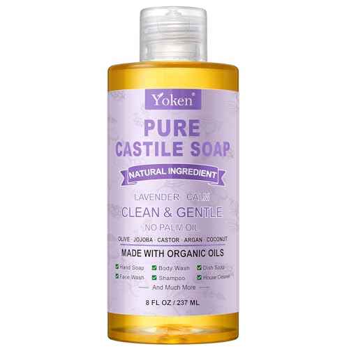 Pure Castile Soap Liquid Lavender 8 OZ, Made with Certified Organic Oils, Gentle Lavender Soap for Hands & Body Wash, Face, Dishes, Laundry & More - Vegan & Natural Ingredients Cleanser