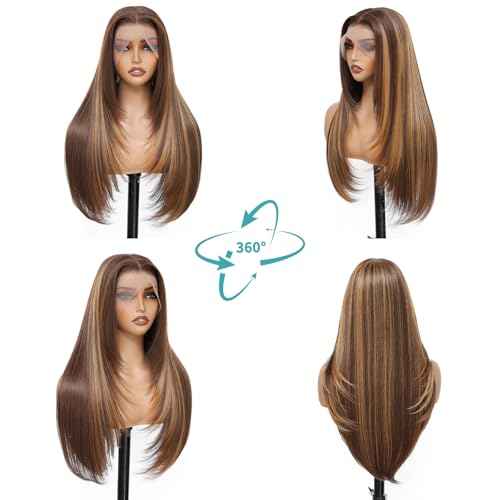 13x4 HD Lace Front Wig Honey Blonde 26 Inch Synthetic Straight Hair with Sunkissed Highlights Pre Plucked Glueless Wig for Black Women