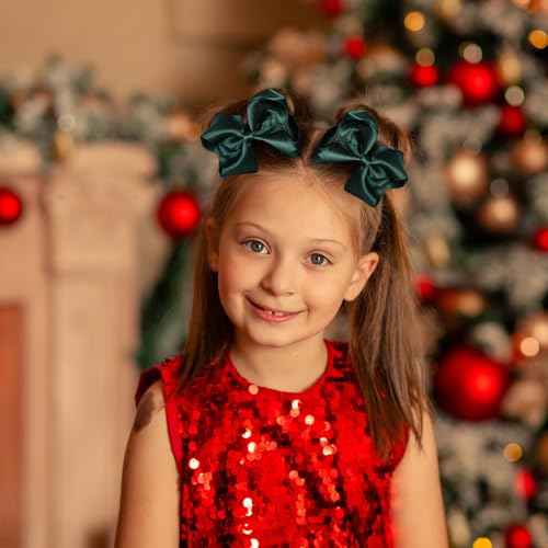 4inch Christmas Dark Green Hair Bow Clips Glitter Ribbon Bowknot Alligator Barrettes Hairpins St Patricks Holiday Party Dress Decor Accessory Gift for Toddler Girls Child Xmas Gift