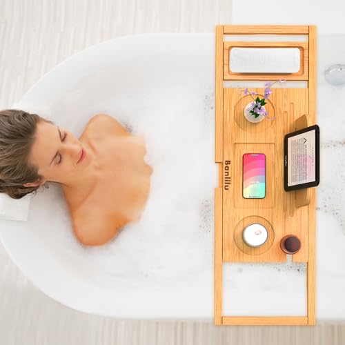 Expandable Bamboo Bathtub Tray with Non-Slip Grips