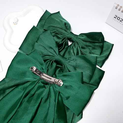 Large Silky Satin Bows 3Pcs Green Hair Ribbons for Women - Cute Coquette Bow Clips with Long Tails and Ponytail Barrettes