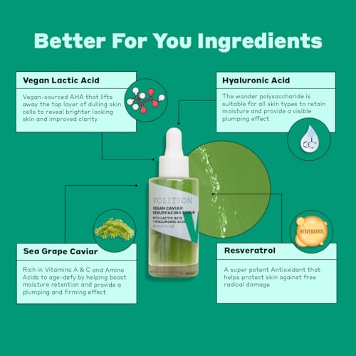 Volition Beauty Vegan Caviar Resurfacing Serum with 5% Vegan Lactic Acid + Hyaluronic Acid | Resveratrol, Caviar Lime & Sea Grape Caviar | Reveals a Smoother & Radiant Complexion | Gently Exfoliates