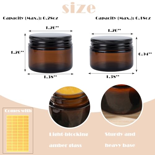 24 pack 5ml Amber Glass Cosmetic Jars with Black Metal Lids Empty Lip Balm Containers with Inner Liner Tiny Sample Jar with Label for Wax Salve Lotion