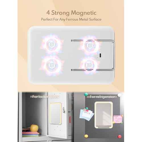 Qislee Magnetic Locker Mirror, 8 x 5 inches Travel Makeup Mirror with Light and Foldable Stand, 3 Color Modes Touch Dimming, Perfect Travel Accessory, White
