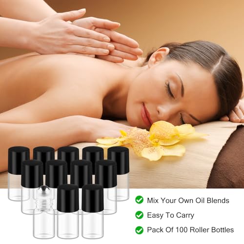 Cositina 100 Pcs Essential Oils Roller Bottles Mini Refillable Glass Perfume Bottles with Roller Balls for Home Travel - 2ml