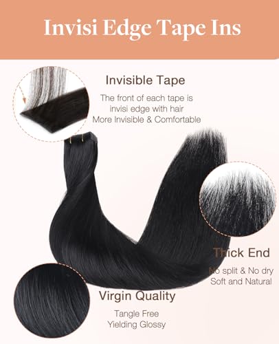 GOO GOO Invisi Edge Tape in Hair Extensions, Virgin Remy Human Hair, 6pcs 10" Jet Black