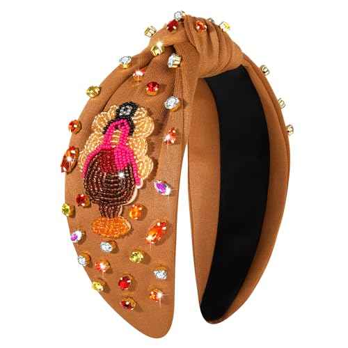 Thanksgiving Headband for Women Fall Accessories Beaded Pumpkin Headband Jeweled Rhinestone Crystal Knotted Hairband Thanksgiving Fall Hair Accessory Gifts (Turkey 4- Brown)