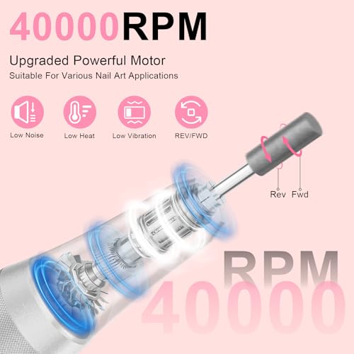 Professional Electric Nail Drill 40,000RPM with 12 Bits - Rechargeable Efile for Salon & Home Use