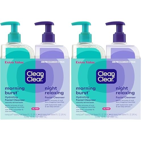 Clean & Clear Morning Burst¢ç Hydrating Facial Cleanser and Night Relaxing Facial Cleanser, Deep Cleansing Face Wash, Oil-Free Daily Facial Cleanser, 4 Pack, 2 x 8 fl. oz
