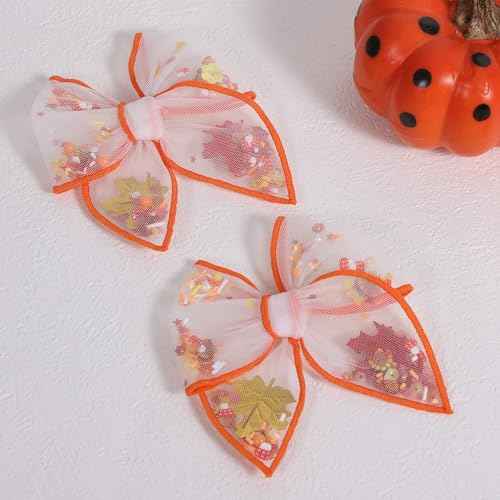 Fall Thanksgiving Turkey Mesh Tulle Hair Bow Clips for Girls, 2Pcs 4" Mushroom Shaker Fable Bow Cheer Barrettes,Autumn Holiday outfit Dress Decor Accessory for Teens Kids Toddler Gift