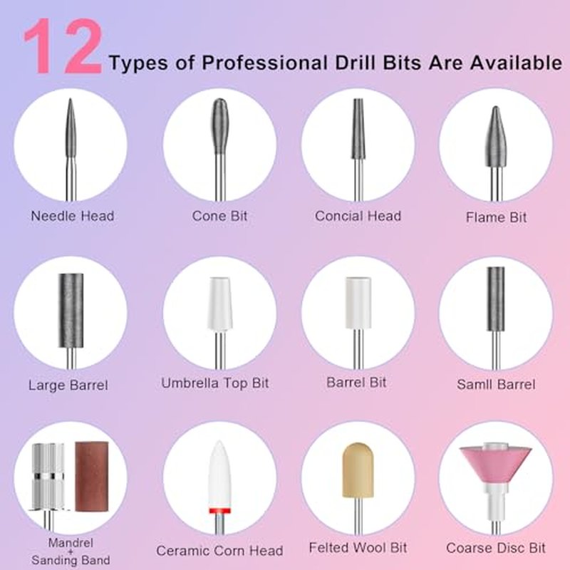 Professional Electric Nail Drill 40,000 RPM with 12 Bits - Rechargeable & Portable for Salon & Home Use