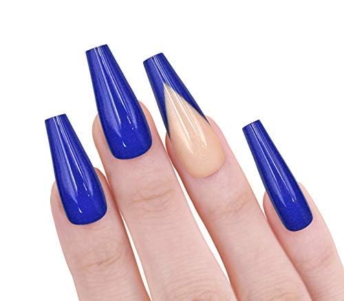 Allkem Press On Nails - Blue Mani Glossy Extra Long Ballerina 2 Set Bundle | 10 sizes - 20 pcs False Nails Full Cover Nail Kit with Glue