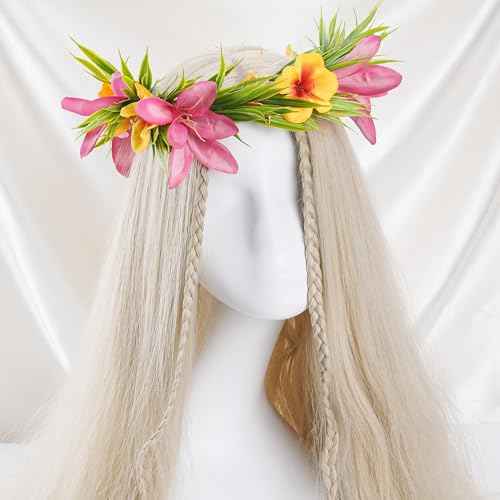 Hawaiian Leis Flower Crown - Artificial Tropical Flower Headpiece Hawaii Floral Headband with Ribbon Lei Luau Dress Up Hair Accessories for Luau Party Costume Beach Pool Vacation Decorations