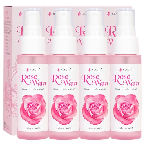 Well's Oil Rosewater Face & Hair Mist Spray (2 fl oz / 59 mL) | 4pcs | Floral Rosewater Hydrosol | Alcohol-Free