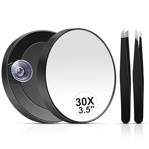 30X Magnifying Mirror with Suction Cup & Tweezers, 3.5 Inch