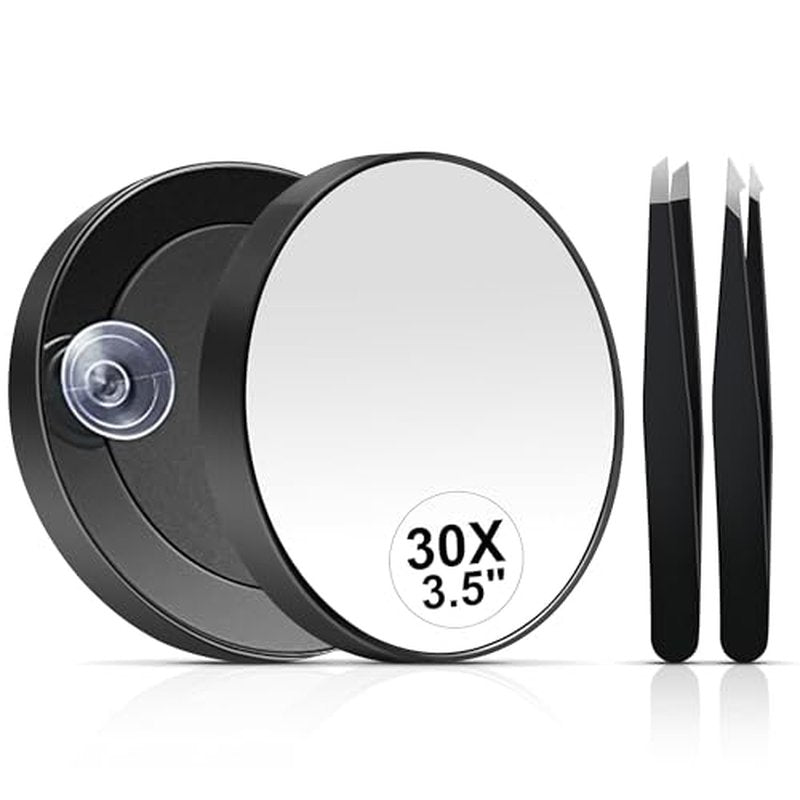 30X Magnifying Mirror with Suction Cup & Tweezers, 3.5 Inch