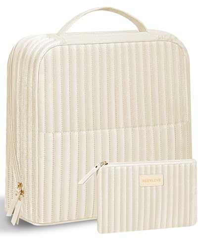 BEENLOVE Beige Standing Makeup Bag with Fold-Down Mirror & Customizable Compartments - Velvet Cosmetic Organizer for Travel & Makeup Storage