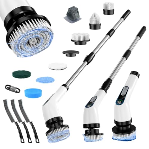 Electric Spin Scrubber Cordless ? Powerful Bathroom Cleaning Brush with Long Handle, 2 Speeds, 3000mAh Rechargeable, 7 Brush Heads, Wall Hanger & Crevice Tools ? Shower, Tub & Tile Cleaner
