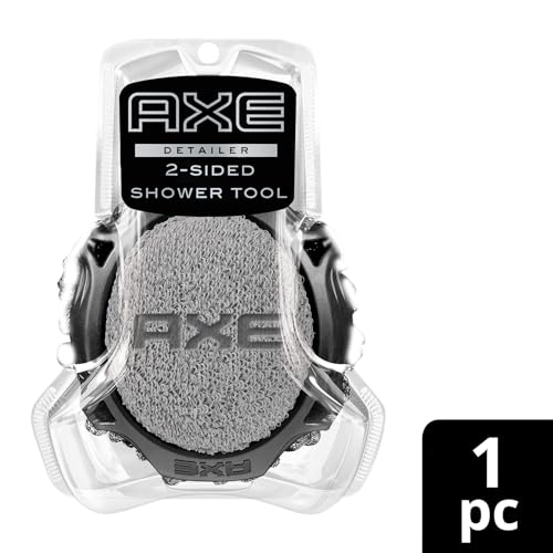 AXE Mens Shower Scrubber Tool, 2-Sided Detailer, Gray Color, Mesh Side for Lathering, Exfoliator for Smoothing Dry, Rough Skin