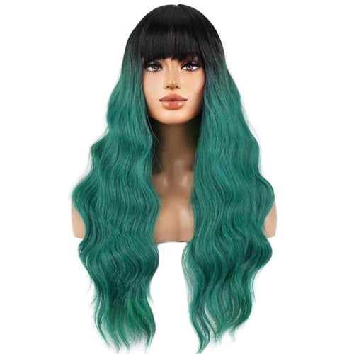 Green Ombre Wigs for Women Long Curly Wavy Synthetic Cosplay Costume with Bangs