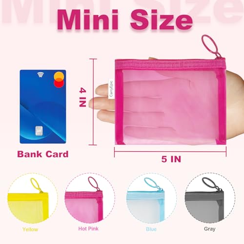 Mini Mesh Makeup Bags 4 Pack - Small Clear Nylon Cosmetic Pouches with Zipper - CarryEpic