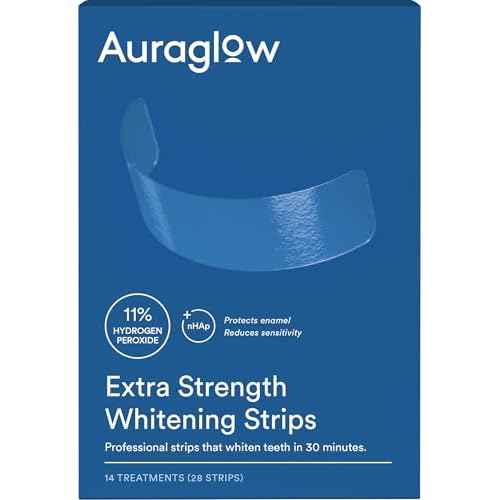 Auraglow Extra Strength Teeth Whitening Strips, Strong Whitening Strips, 14 Whitening Treatments, 11% Hydrogen Peroxide with Nano Hydroxyapatite to Reduce Sensitivity & Protect Enamel, 28 Strips, Mint