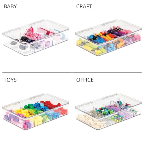 mDesign Plastic Divided Stackable Hair, Makeup & Jewelry Organizer Box with Hinge Lid for Bathroom Vanity Countertop - 5 Sections - Stores Hair Clips, Barrettes - Ligne Collection - 2 Pack - Clear