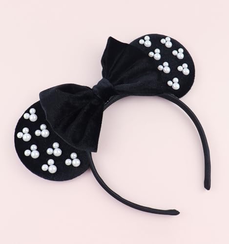 LIHELEI Velvet Pearl Mouse Ears Headband for Women Halloween Costume Party Hair Accessories - Black Pearl, Size 9x7"