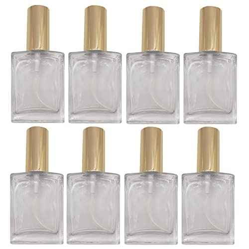8PCS Square Glass Spray bottle,Small Refillable Container with Fine Mist srpayer,Perfume bottle (50ml, Clear+Gold)