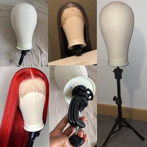 23 Inch Wig Head,Wig Stand Tripod with Head,Canvas Wig Head,Wig Head Stand with Mannequin Head for Wigs,Manikin Canvas Head Block Set for Wigs Making Display with Table Clamp, Wig Cap and T pins…