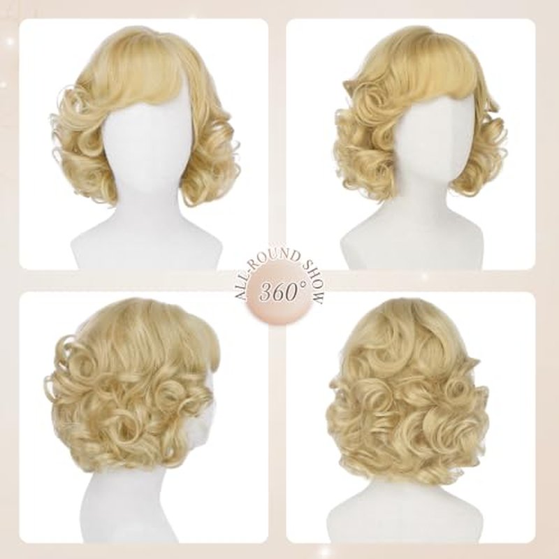 Haloo 12 Inch Light Blonde Short Wig with Bangs - Wavy Curly Synthetic Hair