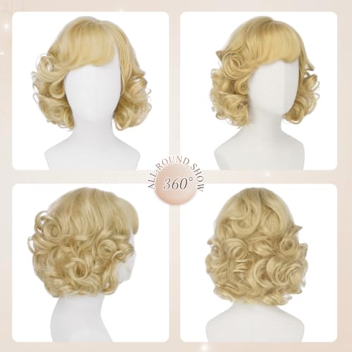 Haloo 12 Inch Light Blonde Short Wig with Bangs - Wavy Curly Synthetic Hair