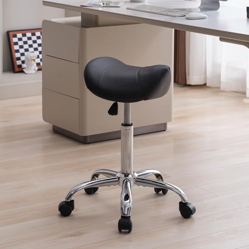 Saddle Stool, Swivel Saddle Stools with Wheels, Adjustable Rolling Stool 18"-26", Faux Leather Rolling Saddle Stool for Salon, Massage, Clinic, Lab, Office (Black, 1PCS (18"-26"))