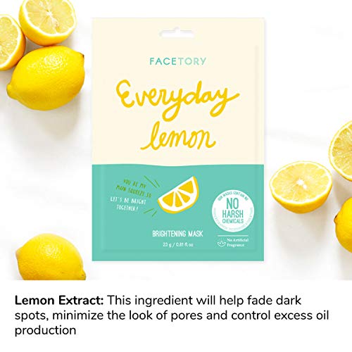 FACETORY K Beauty Face Mask Skin Care - Everyday LEMON Brightening Sheet Mask | Plant-Based with Lemon Extract (5 Pack)