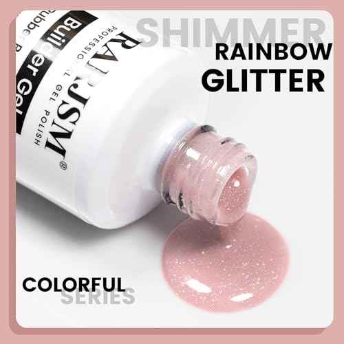 RARJSM Nude Glitter Rubber Base Gel Nail Polish Icy Jelly Pink Rainbow Shimmer Rubber Base for Nails Iridescent Brush on Quick Extend Builder Hard Gel Soak Off Curing Requires 15ml French Manicure
