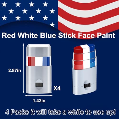 4pcs Red White and Blue Face Paint Stick, Long Lasting Patriotic Body Painting Baseball Eye Black America USA Flag Makeup Stick 4th of July Accessories for Kids Women Men Sports Party Independence Day