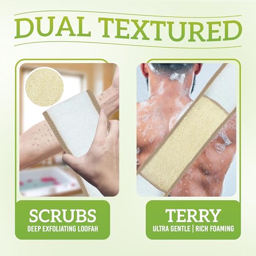 Natural Loofah Exfoliating Body Scrubber, Loofah Bath Sponge, Luffa for Women and Men, 100% Biodegradable Compostable, Dye Free, Zero Waste Eco Friendly Sustainable (Back Scrubber Pack 4)
