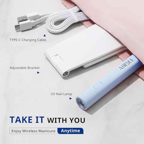 AIRSEE Mini Handheld UV Light with Stand,Portable Rechargeable Nail Lamps,2 Timers for Fast Nail Extension,Rhinestone Glue Decoration,Gel Strips at Home,Travel(Blue)