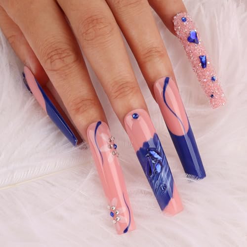 Handmade Long Acrylic Nail Tips, Pink Press on Nails with Full Covered Crystals, Fake Luxury Diamond Nails, Long Square False Nails, Gifts for Women, Reusable Stick On Nails 10Pcs,Bluish pink Size M